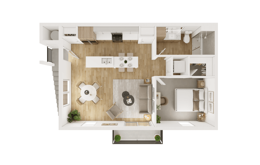 1 Bedroom 1 Bath - 1 bedroom floorplan layout with 1 bath and 726 square feet. (Living)